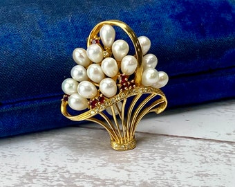 Retro 14k Yellow Gold Flower Basket Brooch or Pendant with Freshwater Pearls, Rubies, and Diamonds 585