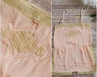 Vintage 1920s blush pink silk lingerie teddy shorts combination slip with cream mesh trim, embroidery, hemstitching, and side slits