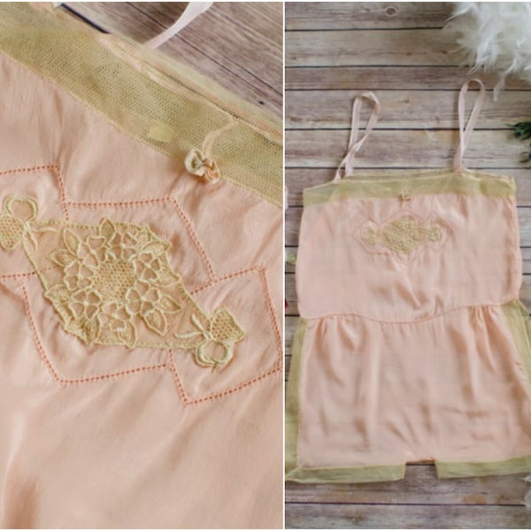 Vintage 1920s blush pink silk lingerie teddy shorts combination slip with cream mesh trim, embroidery, hemstitching, and side slits