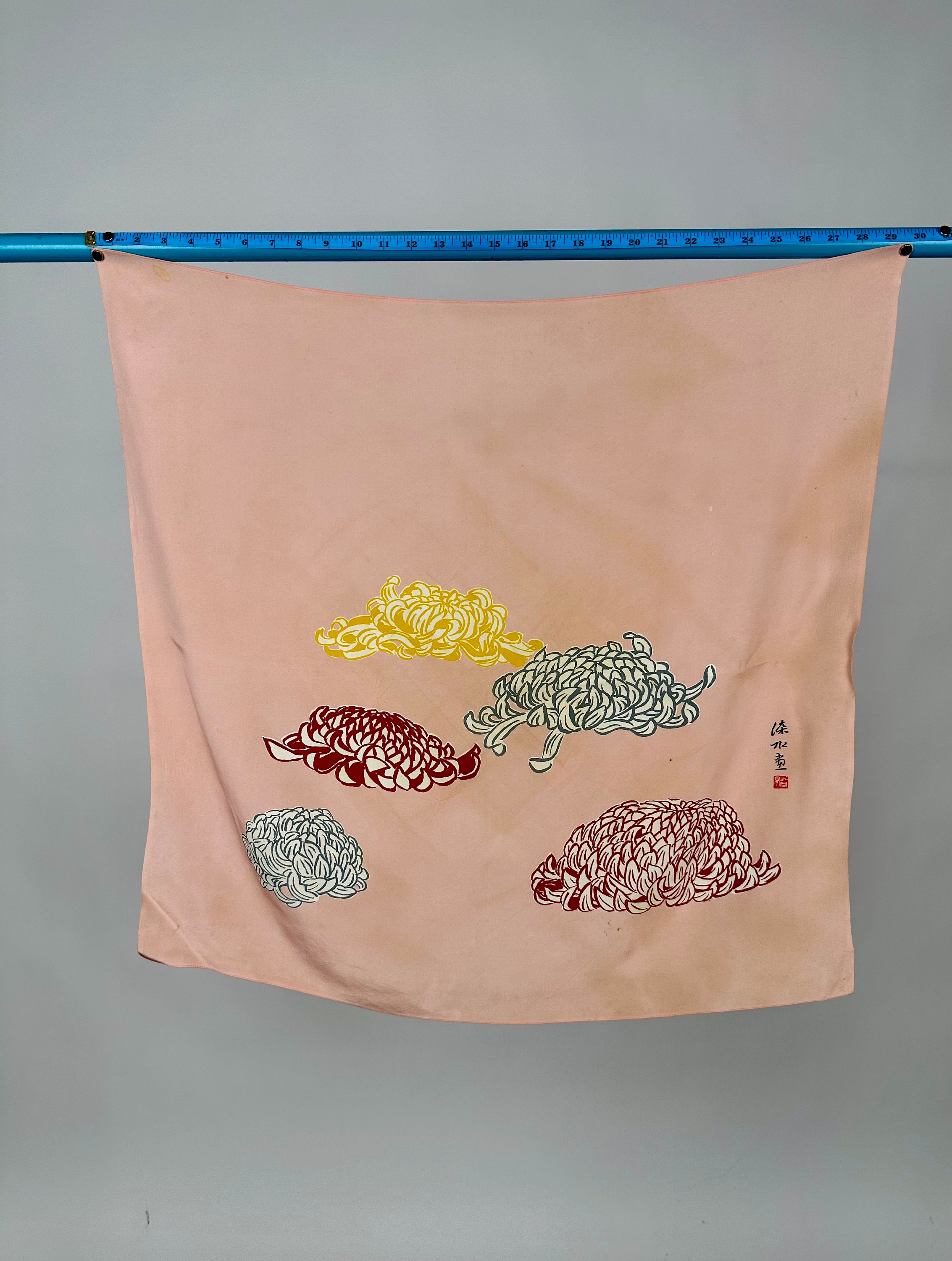 Vintage Silk Scarf with Multicolor Chrysanthemum and Japanese Characters Pink Yellow White Blue Red