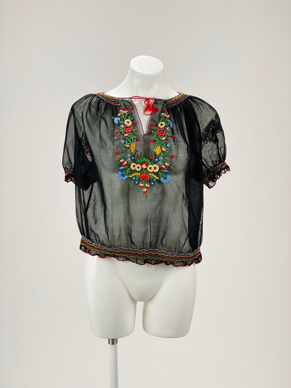 Vintage 1930s Embroidered Black Shear Peasant Blou