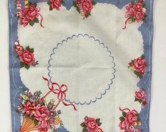 Vintage 1950s Floral Bouquet Square Hanky or Handkerchief Pink Flowers and Ribbons Blue Border