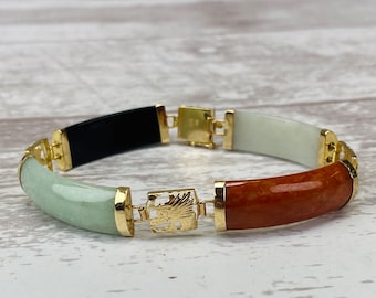 Vintage 14k Yellow Gold Multicolor Jadeite & Dragon Motif Bracelet