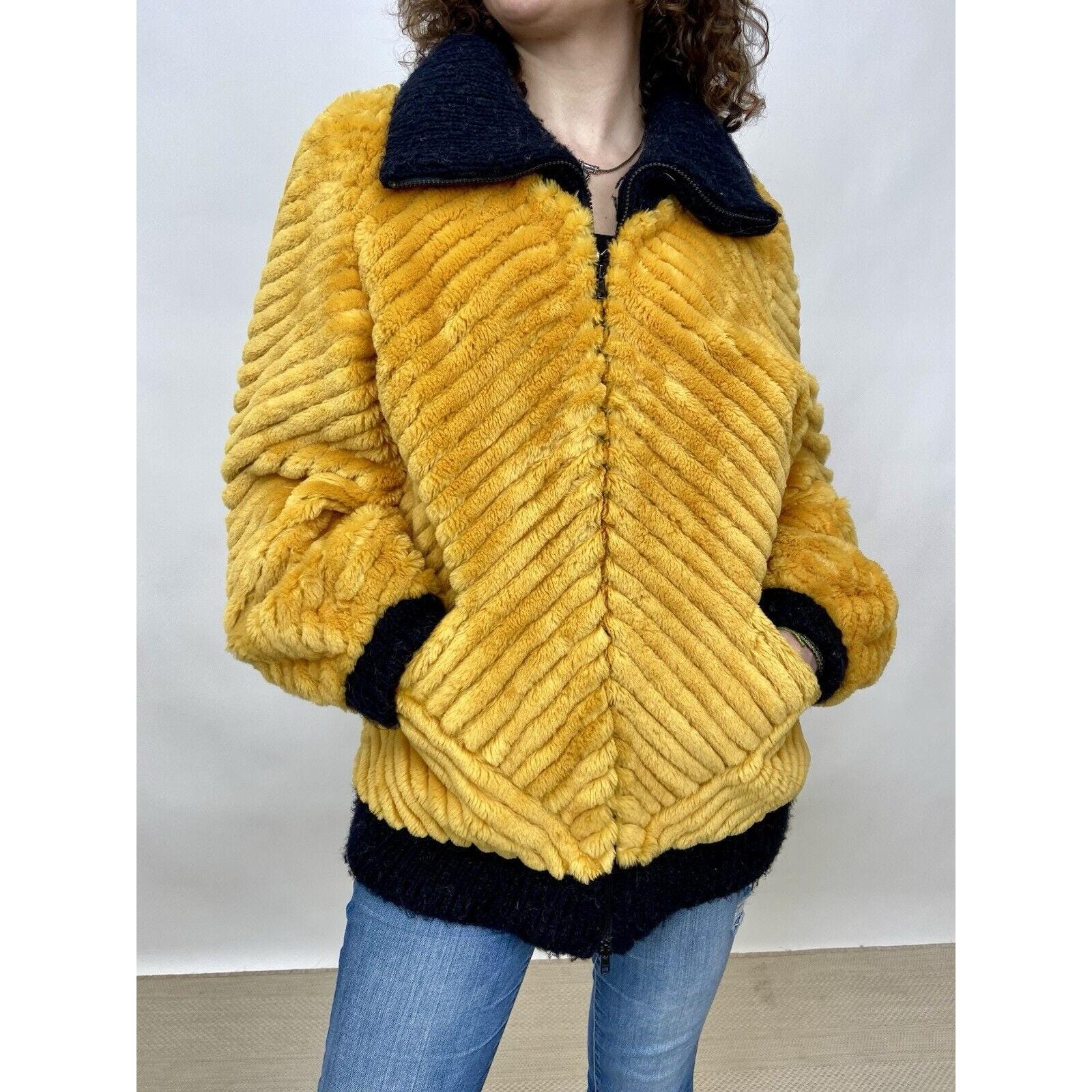 Vintage 1980s Yellow Striped Sheared Beaver Bomber Jacket With