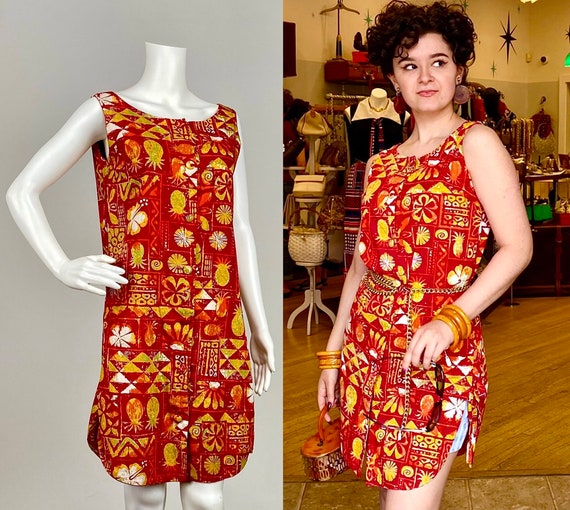 Alfred Shaheen Red Orange Lime Yellow Printed Cot… - image 1