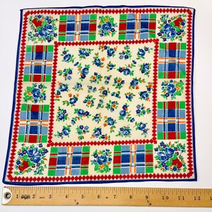Vintage 1940s Floral and Plaid Cotton Hankie Novelty Print Handkerchief Collectible hanky Red Blue Green Orange