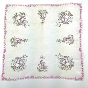 Vintage 1950s Victorian People Horseback Lovers Print Scalloped Sheer Novelty Hankie Painting Handkerchief Hanky