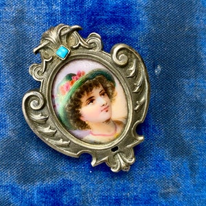 Edwardian English Silver Painted Porcelain Portrait Locket Brooch - As Is