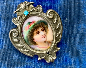 Edwardian English Silver Painted Porcelain Portrait Locket Brooch - As Is