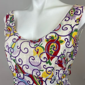 Authentic Vintage 1950s 1960s one piece Cotton Abstract Floral Print Bathing Suit Swim Suit Pin up photo shoot White Purple Red Yellow