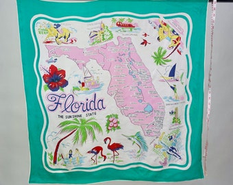 Vintage 1950s Florida State Novelty Souvenir Scarf Teal and Pink Landmarks State Capital Animals