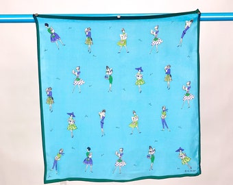 Rare ECHO Novelty Print Chic Fashion Ladies Vintage Scarf Turquoise Purple Green Mode Magazine