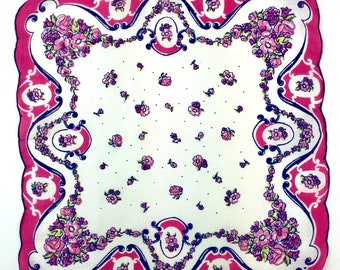 Vintage 1950s Floral Pink Blue Print Geometryczny łańcuch z różą i kwiatami Falbana Nowość Chusteczka do nosa Chusteczka do nosa