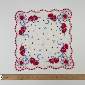 Vintage 1940s Valentine&#39;s Day novelty hankie Handkerchief Hanky Red Hearts Love