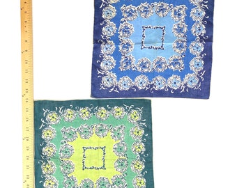 Vintage hankie Handkerchief novelty print set Blue and Green Classic Florals