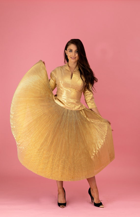 1950s Anita Bari Metallic-Gold Lam Collared Blouse & Pleated Skirt Set
