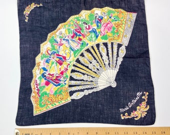 Vintage Marie Antoinette Intricate Illustrated People on Open Fan Hankie Novelty Print Hankie Collectible hanky Yellow Blue Black White