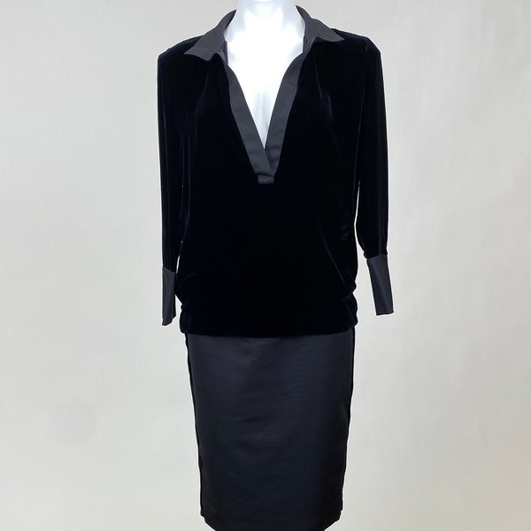 Vintage Authentic Gucci Pencil Skirt and Deep-V Neck Sexy Velvet Blouse Set Black Ribbon Incredible Tailoring AS IS