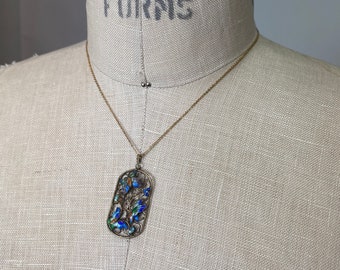 Art Nouveau Vintage Chinese Cloisonne Enamel Butterfly Silver Marked Gold Wash Necklace Charm-Chain not included