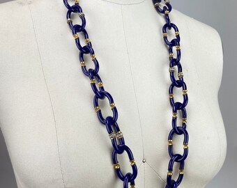 Vintage Unsigned Seguso Rare 1960s Blue Gold Tone Rhinestone Glass Blown Chain Linked Necklace Costume Jewelry