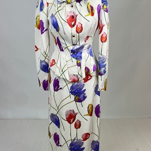Rare Vintage 1980s Pauline Trigère Silk Skirt and Blazer Suit with Multi-Colored Watercolor Tulip Print