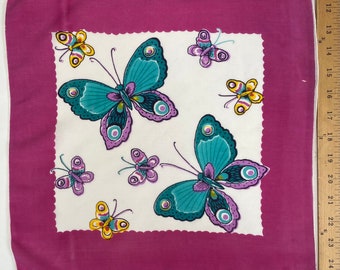 Vintage 1960s Butterfly Novelty Print Hankie Handkerchief Hanky Blue Purple Yellow Pink