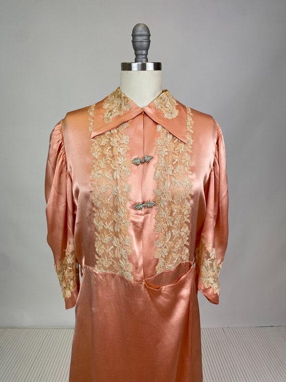 1930s vintage dressing gown robe, Shimmering Peach silk with amazing lace, wrap front house coat