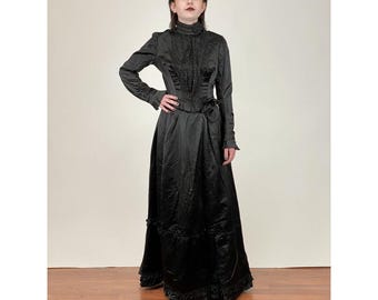 1890s Silk two piece Victorian mourning black Bodice and skirt with embroidery Wounded Bird