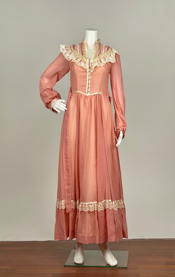 Vintage 1970s Designer Gunne Sax Long Sleeve Pink Duty Rose Dress