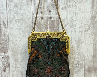 Antique 1920s Vintage Beaded Flapper Purse with carved plastic frame with leaves and flowers and flower design