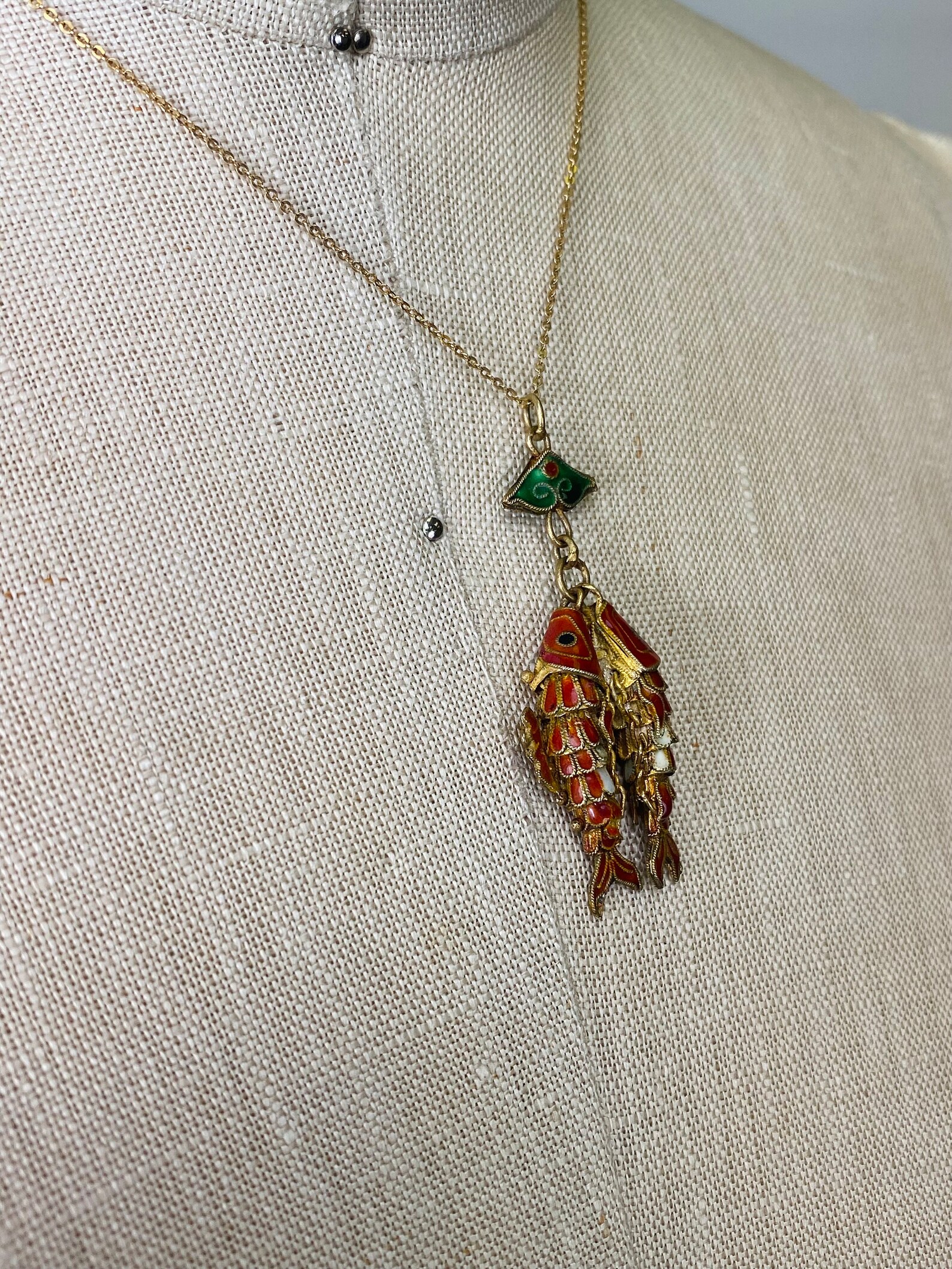 Vintage Chinese Cloisonne Articulated Double Fish Pendant Silver W Gold ...