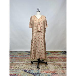 Vintage 1920s Silk Novelty Floral Print Dress Drop Waist Brown Pink Short Sleeve