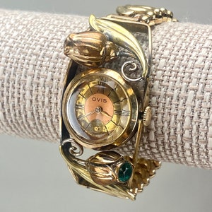 Vintage 1940s Yellow & Rose Gold Tone Ovis Stretch Band Manual Bracelet Watch with Green Rhinestones - As Is Working Condition