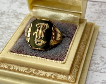 Retro 10k Gold "L" Onyx Men's Signet Ring