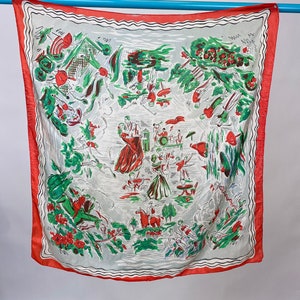 Vintage 1940s Outdoor Activities Novelty Scarf Green Red Silk Novelty Scarves scarf Horse back Riding Dancing MusiciansBoating Swimming