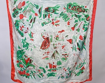 Vintage 1940s Outdoor Activities Novelty Scarf Green Red Silk Novelty Scarves scarf Horse back Riding Dancing MusiciansBoating Swimming