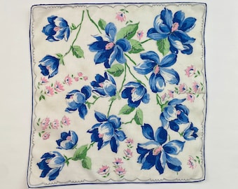 Blue and Pink Floral Hanky Hankie Handkerchief Flowers White Background