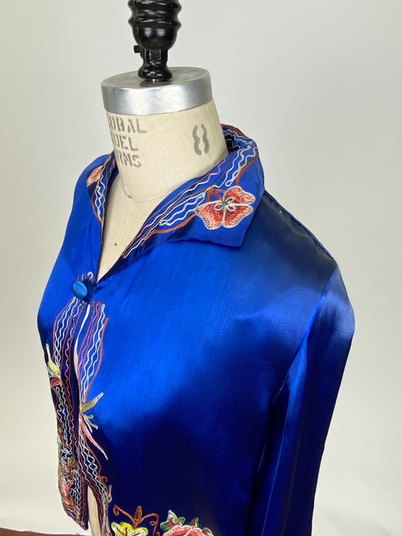 Vintage 1930s royal blue embroidered pajama top o… - image 3