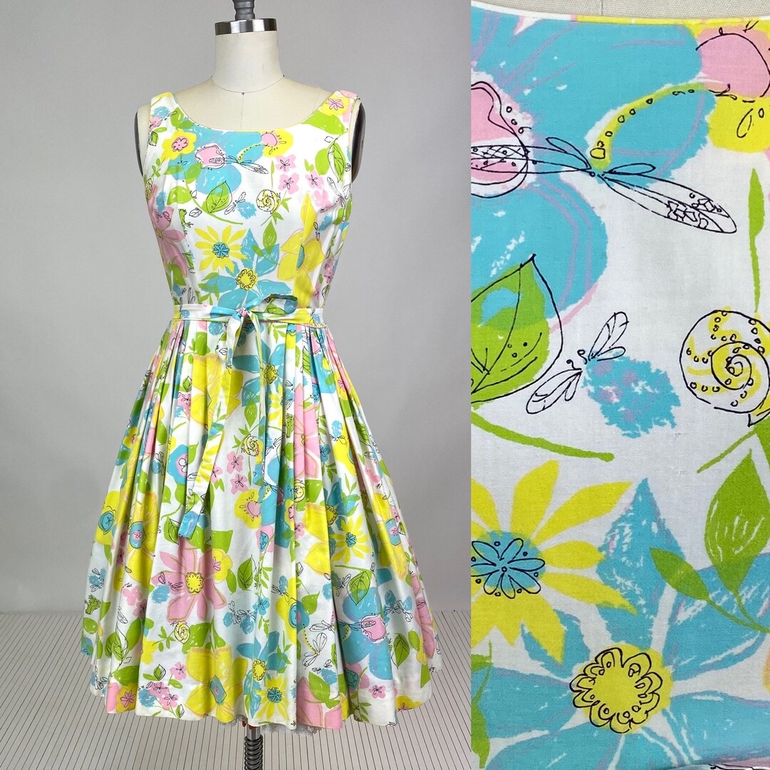 1950s Novelty Print Dress with Abstract Blue Birds