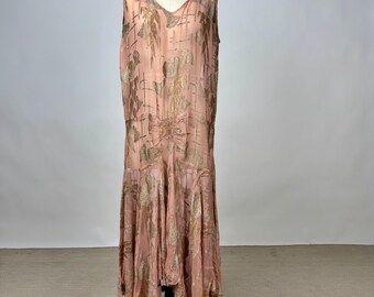 Antique 1920s Pink Lamè & Silk Chiffon Metallic Thread Floral Embroidery Dress AS IS Flapper Dress Art Deco Great Gatsby Wounded Bird