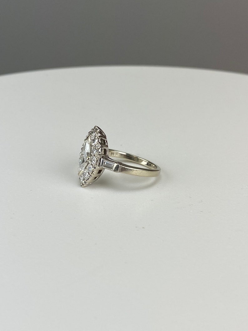 Estate Vintage Marquise brilliant cut diamond ring with round halo, baguette shoulders 14k white gold with appraisal, a engagement wedding image 6
