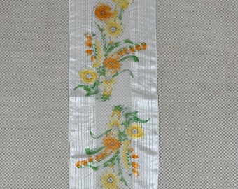 Vintage 1960s Vera Silk Semi Sheer Scarf Floral Yellow Orange Watercolor Flowers White Stripes Hand Rolled Hems