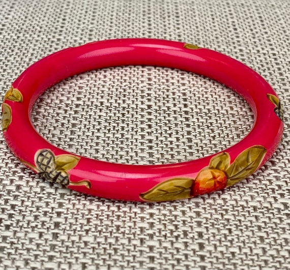 Vintage 1940s Pink Bangle with Carved and Hand Pa… - image 3