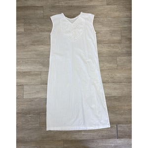 Antique Edwardian White Cotton Slip Dress or Night Gown Embroidery and Lace Trim