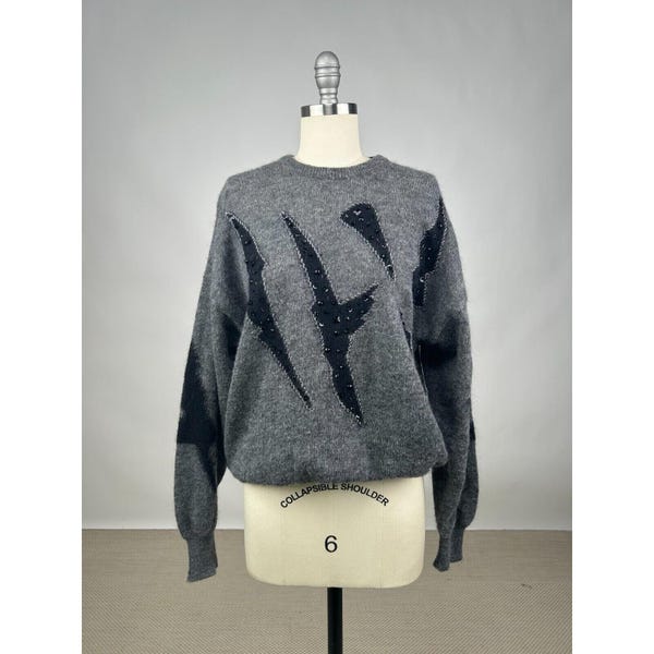 Vintage Escada Mohair Wool Blend Grey Sweater with Black and Beaded Detailing Designer