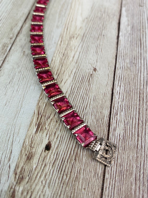 1930s Emerald Cut Pink Stone Tennis Bracelet with Sil… Gem