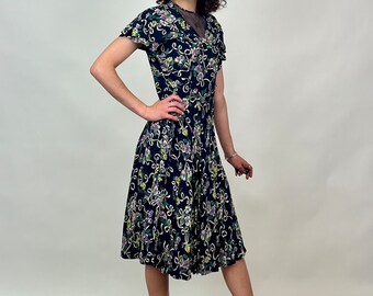 Vintage 1940s Yellow and Lilac Floral and Ribbon Print Knee Length Silk Rayon Navy Day Dress Pin Up