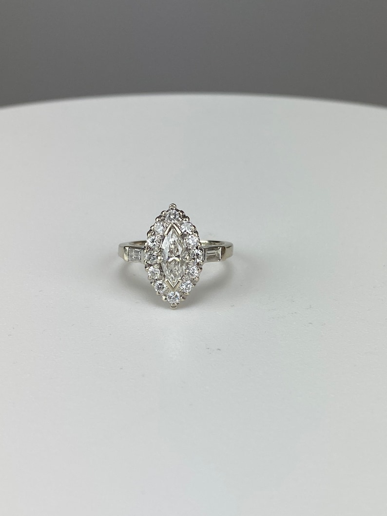 Estate Vintage Marquise brilliant cut diamond ring with round halo, baguette shoulders 14k white gold with appraisal, a engagement wedding image 2