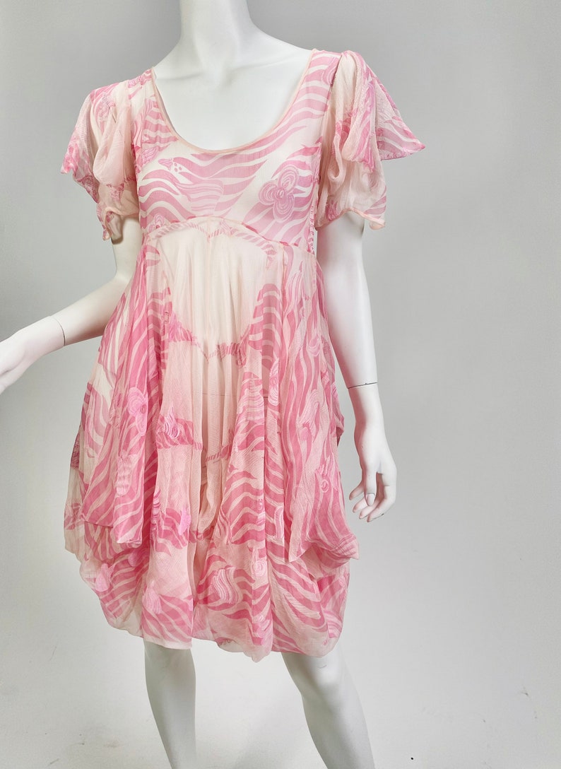 Vintage Designer Zandra Rhodes London silk painted flowing bubble hem mini dress with empire waist image 3