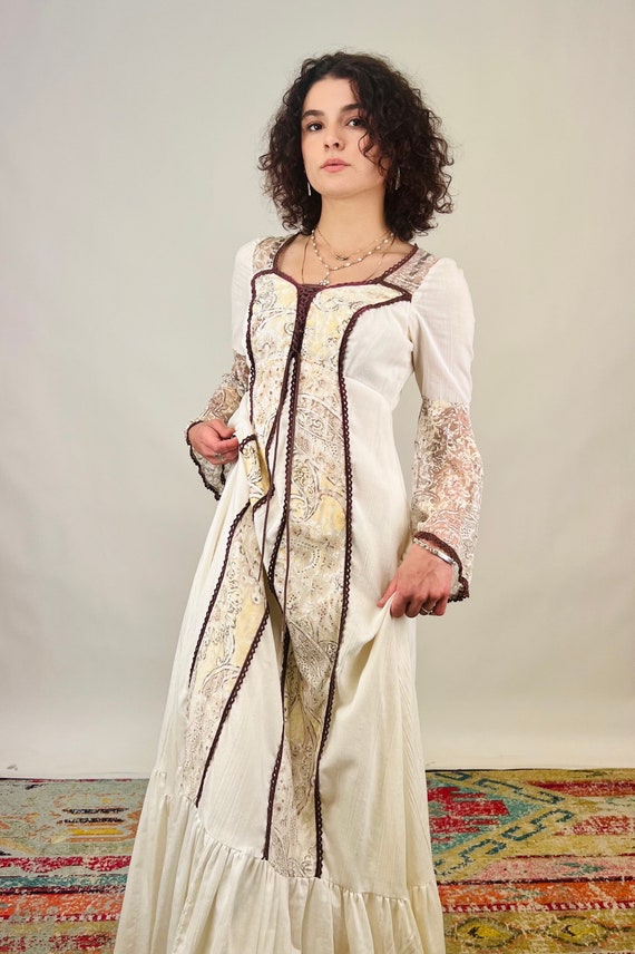 Vintage 1970s White and Brown Full Length Dress B… - image 3